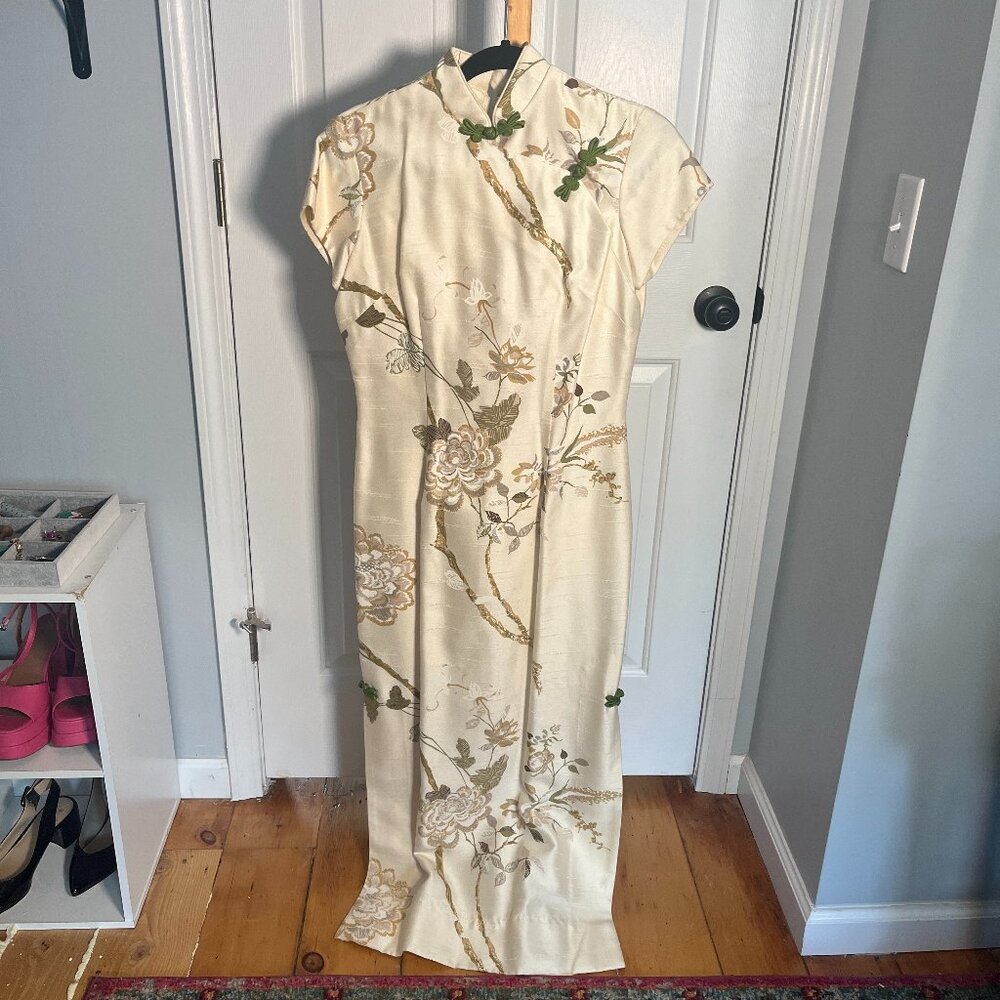 Vintage For Andrade Qipao Maxi Dress Womens Size 10 White Floral Made in Hawaii